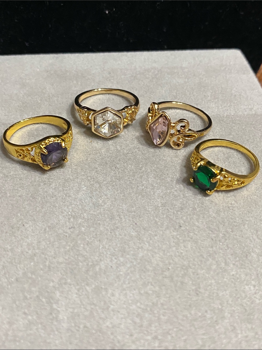 Gold-Plated Fashion Rings Set with Purple, Clear, Pink, and Green Stones